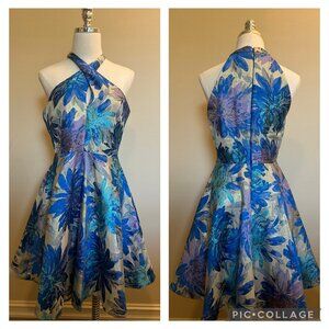 Belle Badgley Mischka Blue Floral Formal Fit & Flare Dress Size 6